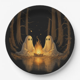 ハロウィーンの森のキャンプファイヤーと幽霊のイラスト ペーパープレート