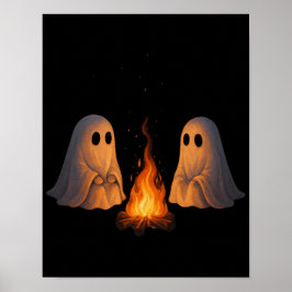 ハロウィーンの森のキャンプファイヤーと幽霊のイラスト ポスター