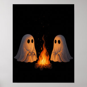 ハロウィーンの森のキャンプファイヤーと幽霊のイラスト ポスター