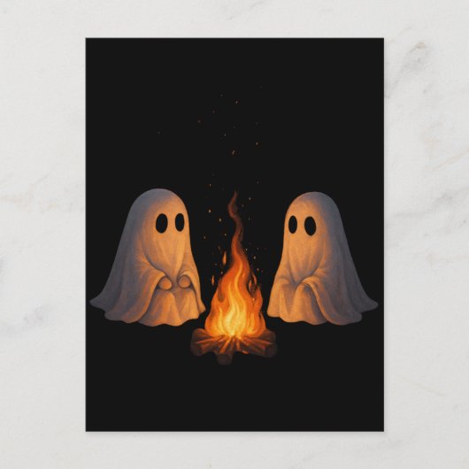ハロウィーンの森のキャンプファイヤーと幽霊のイラスト ポストカード (正面)