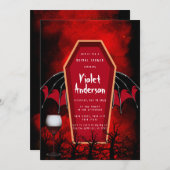 ハロウィーンの棺とコウモリの羽のブライズシャワー 招待状 (正面/裏面)