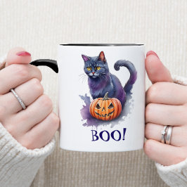 ハロウィーンの水彩黒猫カボチャ マグカップ