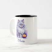 ハロウィーンの水色のアンゴラ猫とカボチャ ツートーンマグカップ (正面左)