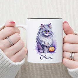 ハロウィーンの水色のアンゴラ猫とカボチャ ツートーンマグカップ