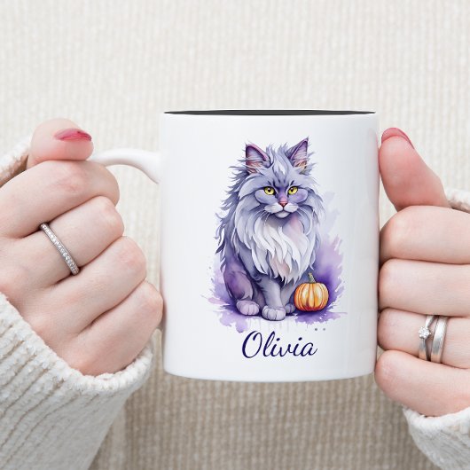 ハロウィーンの水色のアンゴラ猫とカボチャ ツートーンマグカップ