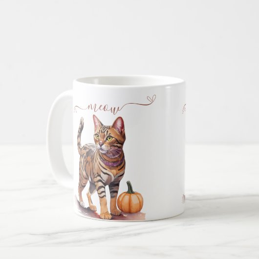 ハロウィーンの水色のベンガル猫とカボチャ コーヒーマグカップ (正面左)