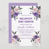 ハロウィーンの水色フローラゴシックのベビースシャワー 招待状 (正面/裏面)