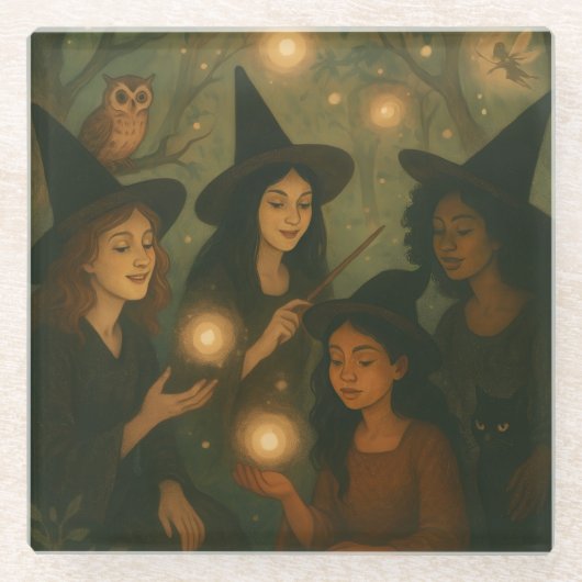ハロウィーンの油絵と魔女の森 ガラスコースター (正面)