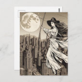 ハロウィーンの満月の上の街の魔女 ポストカード (正面/裏面)