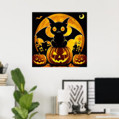 ハロウィーンの漫画風コウモリがカボチャの上を飛ぶ ポスター (ホームオフィス)