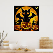 ハロウィーンの漫画風コウモリがカボチャの上を飛ぶ ポスター (キッチン)