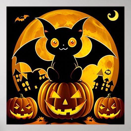 ハロウィーンの漫画風コウモリがカボチャの上を飛ぶ ポスター (正面)