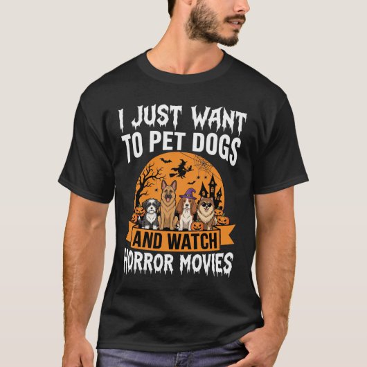 ハロウィーンの犬のホラー映画ベクター おもしろい Tシャツ (正面)