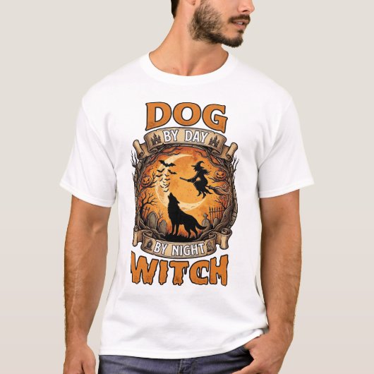 ハロウィーンの狼月魔女の夜の犬とコウモリ_1 Tシャツ (正面)