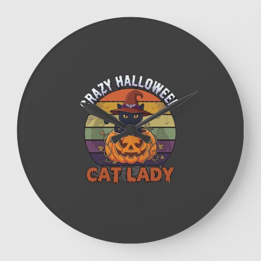 ハロウィーンの猫好きのための黒いカボチャの魔女の帽子 ラージ壁時計 (正面)