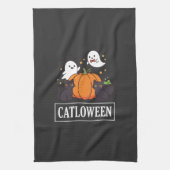 ハロウィーンの猫 おもしろ かわいい 猫の幽霊 カボチャ デザイン キッチンタオル (縦)