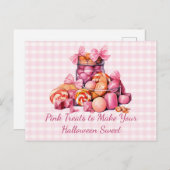 ハロウィーンの甘いハロウィーンを作るためのピンクのお菓子 シーズンポストカード (正面/裏面)