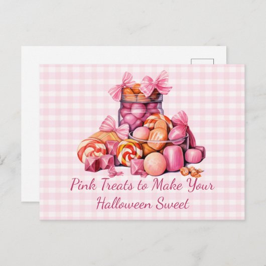 ハロウィーンの甘いハロウィーンを作るためのピンクのお菓子 シーズンポストカード (正面/裏面)