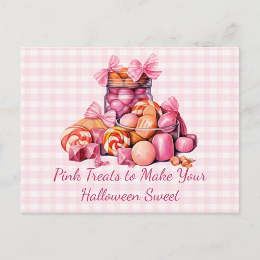 ハロウィーンの甘いハロウィーンを作るためのピンクのお菓子 シーズンポストカード (正面)