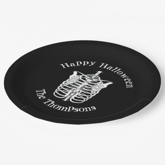 ハロウィーンの白黒の不気味スケルトン ペーパープレート (アングル)