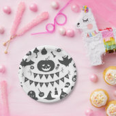 ハロウィーンの白黒アイコンのパターン ペーパープレート (パーティー)