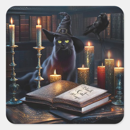 ハロウィーンの神秘的な黒猫の魔法 スクエアシール (正面)