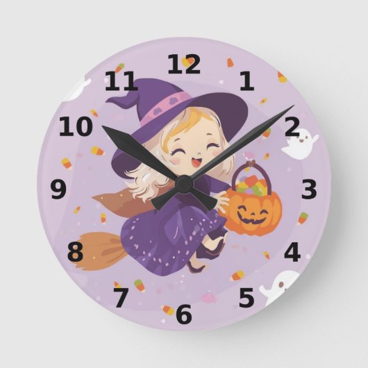 ハロウィーンの空飛ぶ小さな魔女の時計 ラウンド壁時計 (正面)