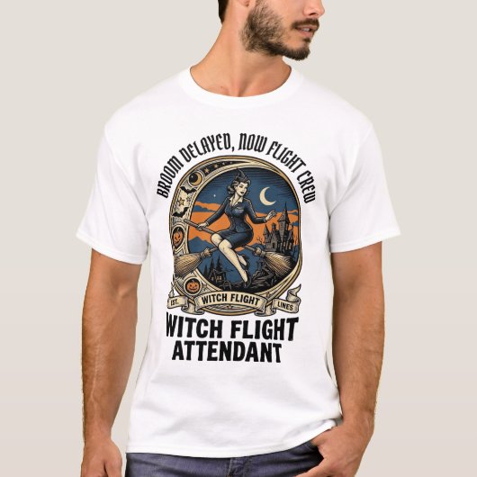 ハロウィーンの箒が壊れたフライトアテンダントの魔女デザイン Tシャツ (正面)