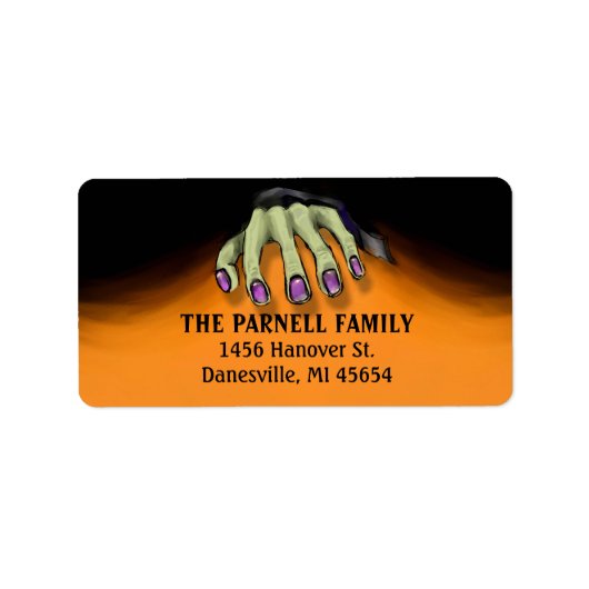 ハロウィーンの紫色の爪、 ネイル付き怖い緑の手 ラベル (正面)