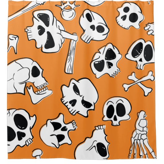 ハロウィーンの継ぎ目のないスカルと骨の模様。  シャワーカーテン (正面)