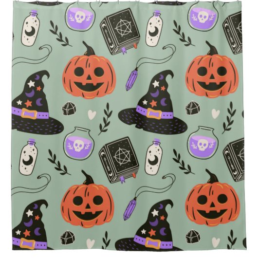 ハロウィーンの継ぎ目のない模様（魔女帽、カボチャ）  シャワーカーテン (正面)
