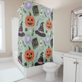 ハロウィーンの継ぎ目のない模様（魔女帽、カボチャ）  シャワーカーテン (インサイチュ)