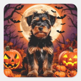 ハロウィーンの背景を持つ愛らしい子犬 スクエアシール