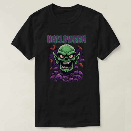 ハロウィーンの脅威 緑のゴブリン風モンスターの頭 Tシャツ (デザイン正面)