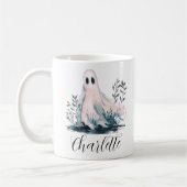 ハロウィーンの茂みに隠れる可愛いお化けの名前入り  コーヒーマグカップ (左)