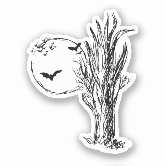 ハロウィーンの蝉、枯れ木、満月 シール (正面)