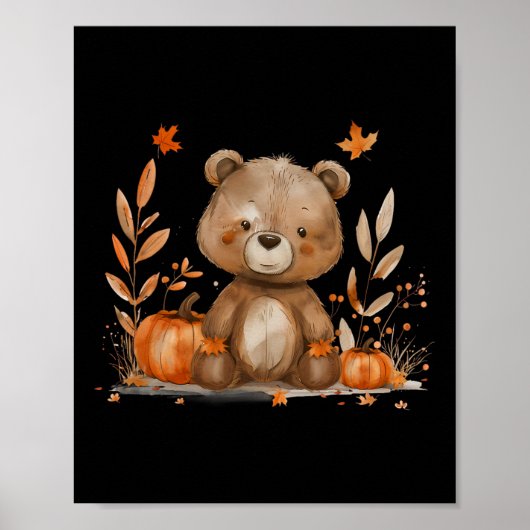 ハロウィーンの衣装かわいいクマの紅葉カボチャ ポスター (正面)