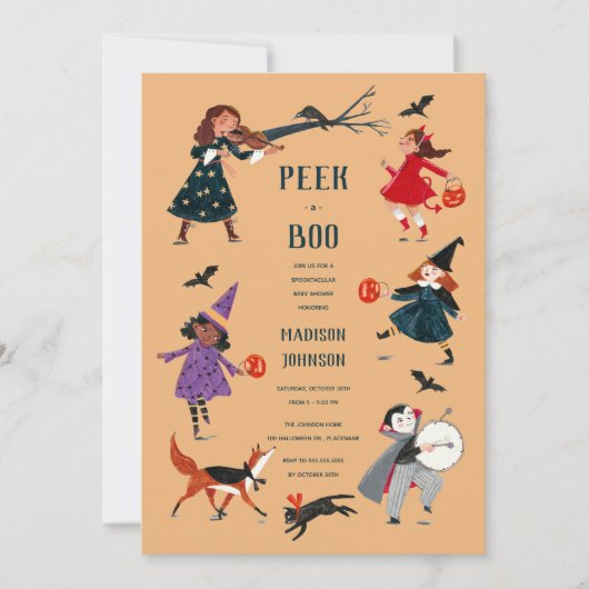 ハロウィーンの衣装の子供たちバビシャワーの招待 シーズンカード (正面)