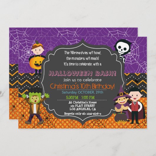 ハロウィーンの衣装の誕生日パーティーの招待状 招待状 (正面/裏面)