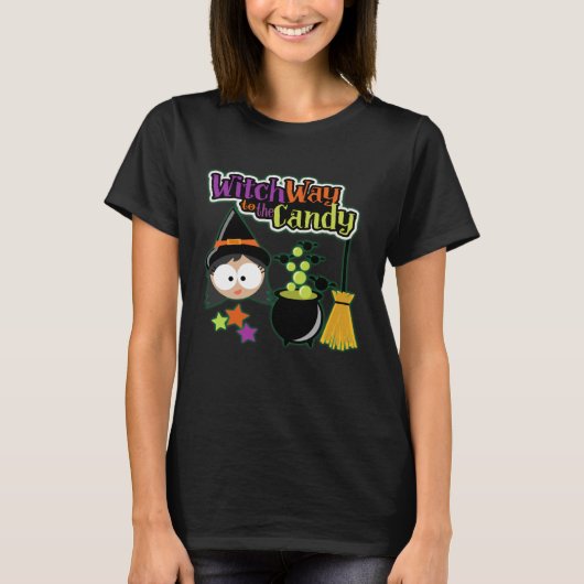 ハロウィーンの衣装の魔女のお菓子への道 Tシャツ (正面)