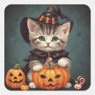 ハロウィーンの衣装を着た子猫とジャック・オ・ランタン スクエアシール