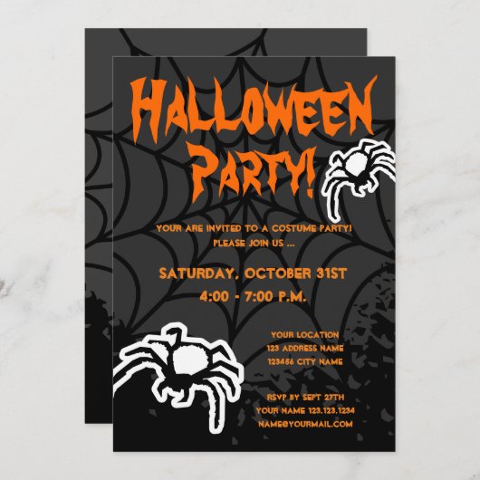 ハロウィーンの衣装パーティの招待状でクモの巣を持つ 招待状 (正面/裏面)