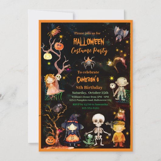 ハロウィーンの衣装パーティーオレンジ緑の子供 招待状 (正面)