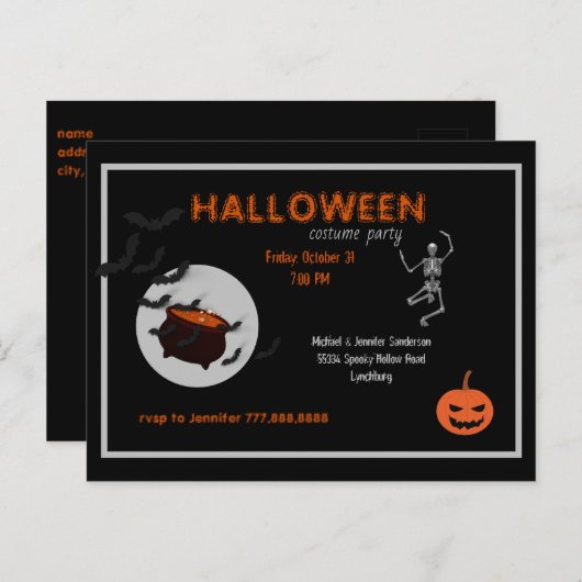 ハロウィーンの衣装パーティーブラックとオレンジ インビテーションポストカード (正面/裏面)