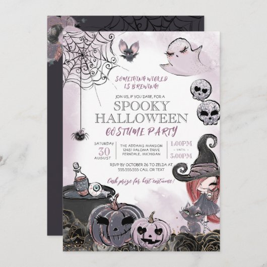 ハロウィーンの衣装パーティー不気味かわいい魔女 招待状 (正面/裏面)