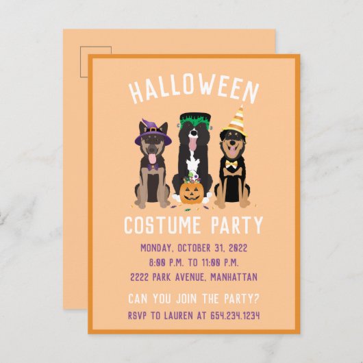 ハロウィーンの衣装パーティー犬 インビテーションポストカード (正面/裏面)