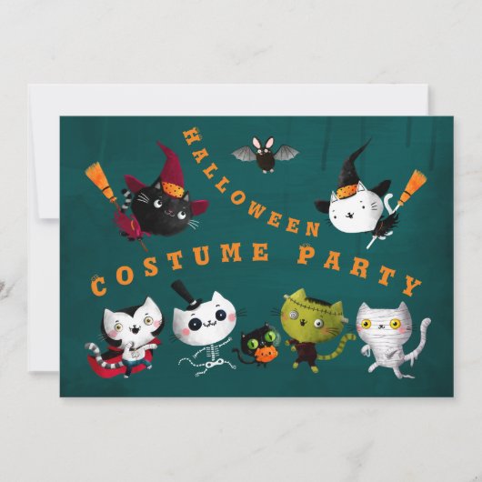 ハロウィーンの衣装パーティー誕生日魔女猫ミイラ 招待状 (正面)