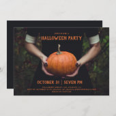 ハロウィーンの衣装パーティー。カボチャ.黒いティーン 招待状 (正面/裏面)