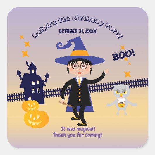 ハロウィーンの衣装ボーイのウィザード誕生日パーティー スクエアシール (正面)