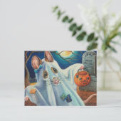 ハロウィーンの衣装幽霊マウスの水彩画 ポストカード (スタンド正面)